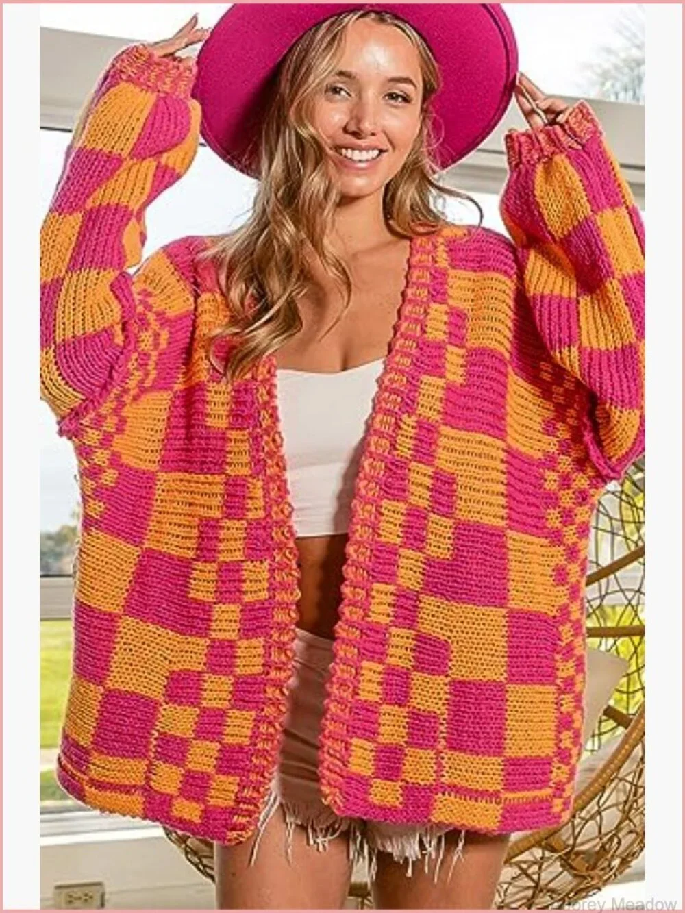 Open Front Chunky Knit Cardigan Sweater Long Sleeve Plaid - Picture 6 of 7